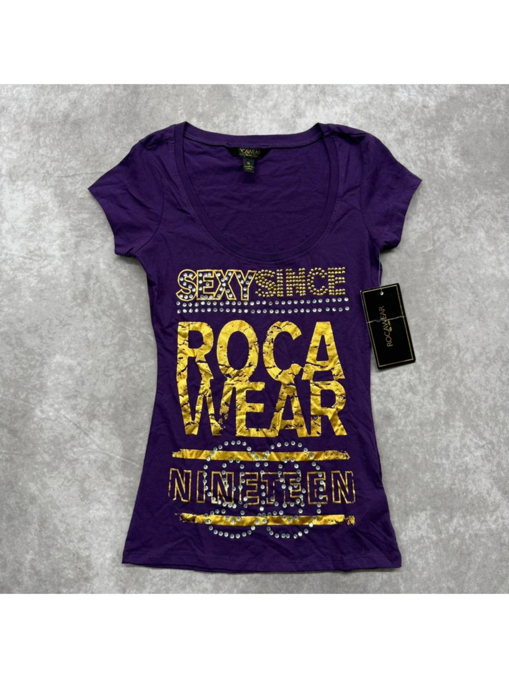 Vintage Y2K Rocawear Purple Gold Rhinestone Graphic Tee Size Small NWT